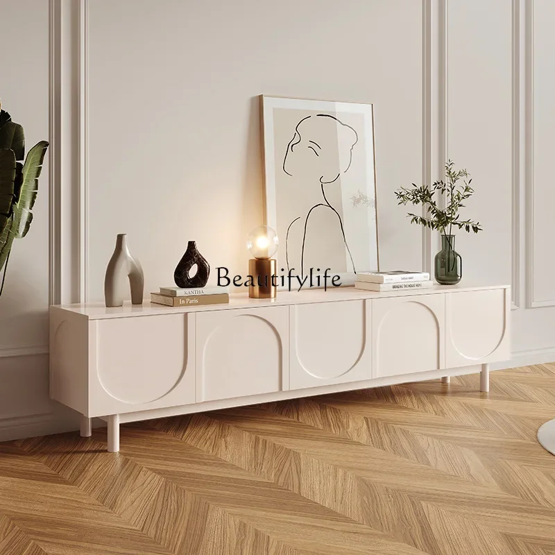 

yj9Wabi Sansan French Solid Wood TV Cabinet Small Apartment Living Room Floor Cabinet Modern Simple Cream Style