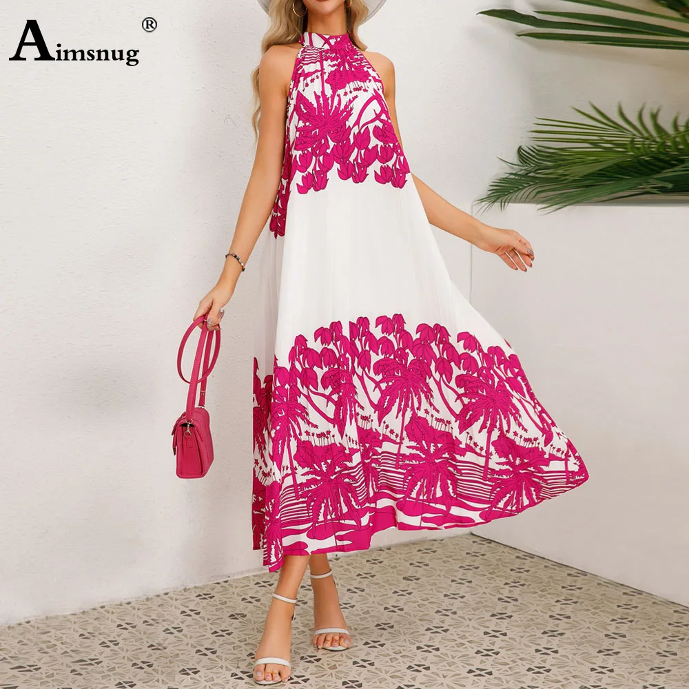 2024 Women Casual Retro Boho Flower Printed Dresses Latest Sleeveless Halter Mid-Calf Dress Plus size Ladies Vintage Beach Dress