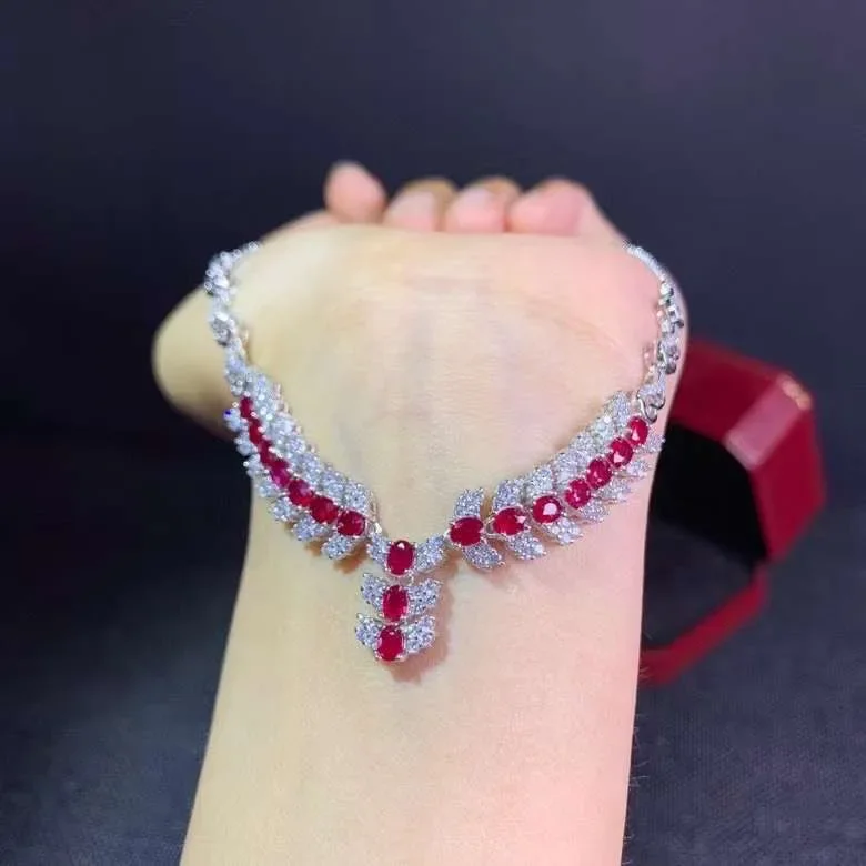 

Natural Ruby Necklace Luxury Design Party Women's Gift 925 Silver Precious Gem