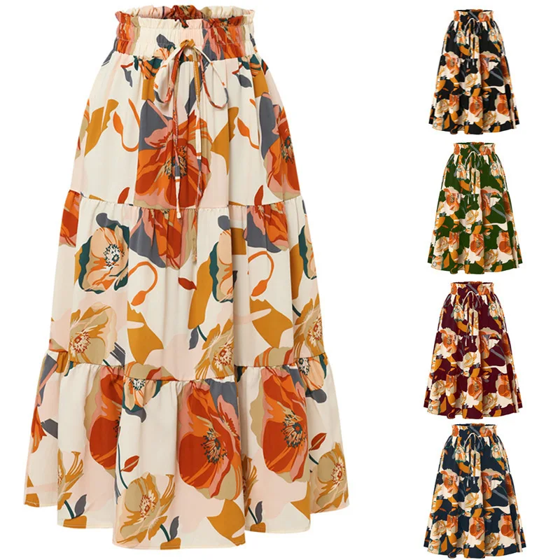 

European And American Floral Print Ruffle Skirt With Elastic Waist Women Midi Skirt Casual Summer Skirt Feminine Flowy Skirt