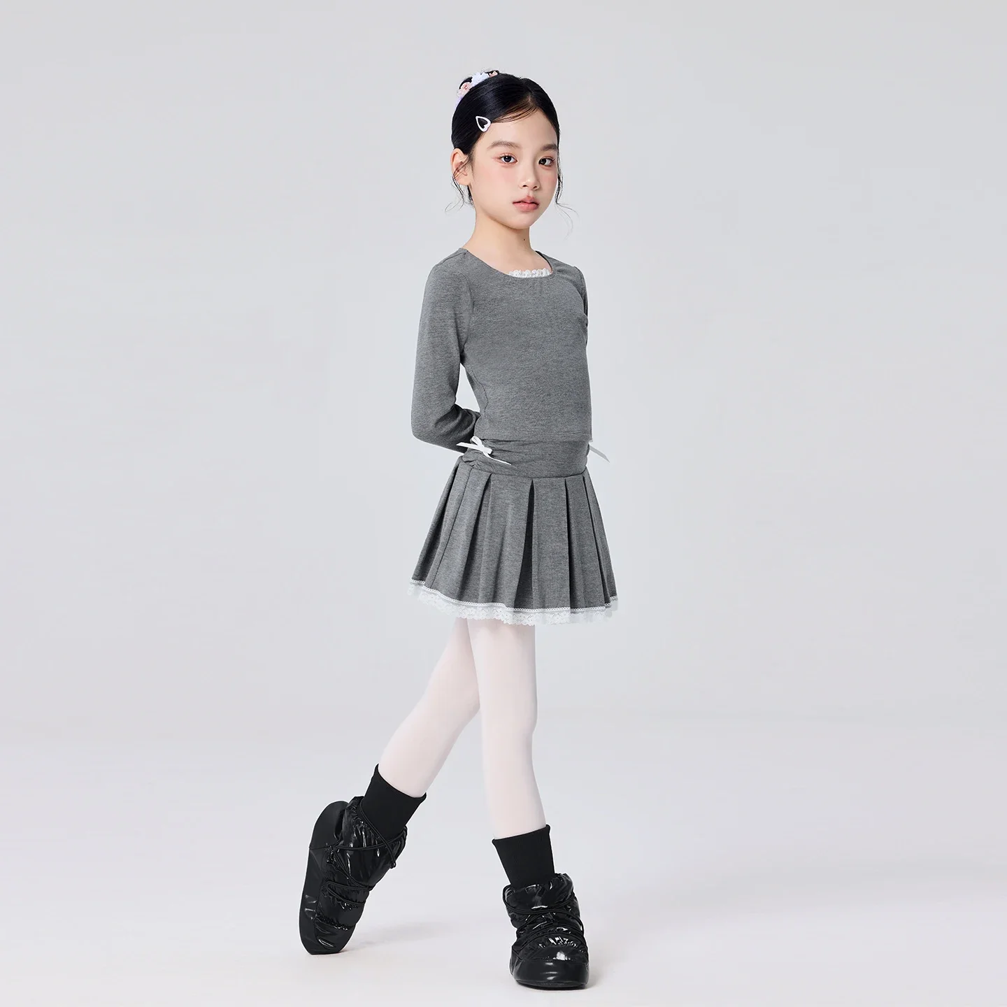 Conjunto de dança para meninas, agasalho de lã de inverno para crianças, balé, ginástica, collant, top com saia, roupa casual