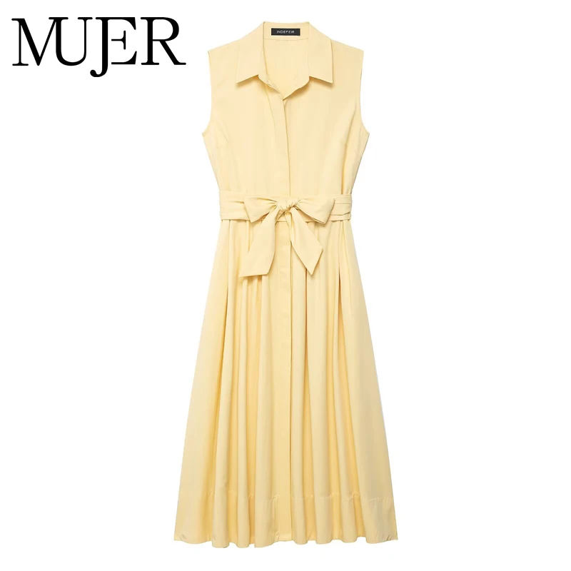MUJER 2025 Pleated Shirt Dress Woman Belt Sleeveless Long Dresses for Women Casual Summer Midi Dress Women Holiday Women's Dress