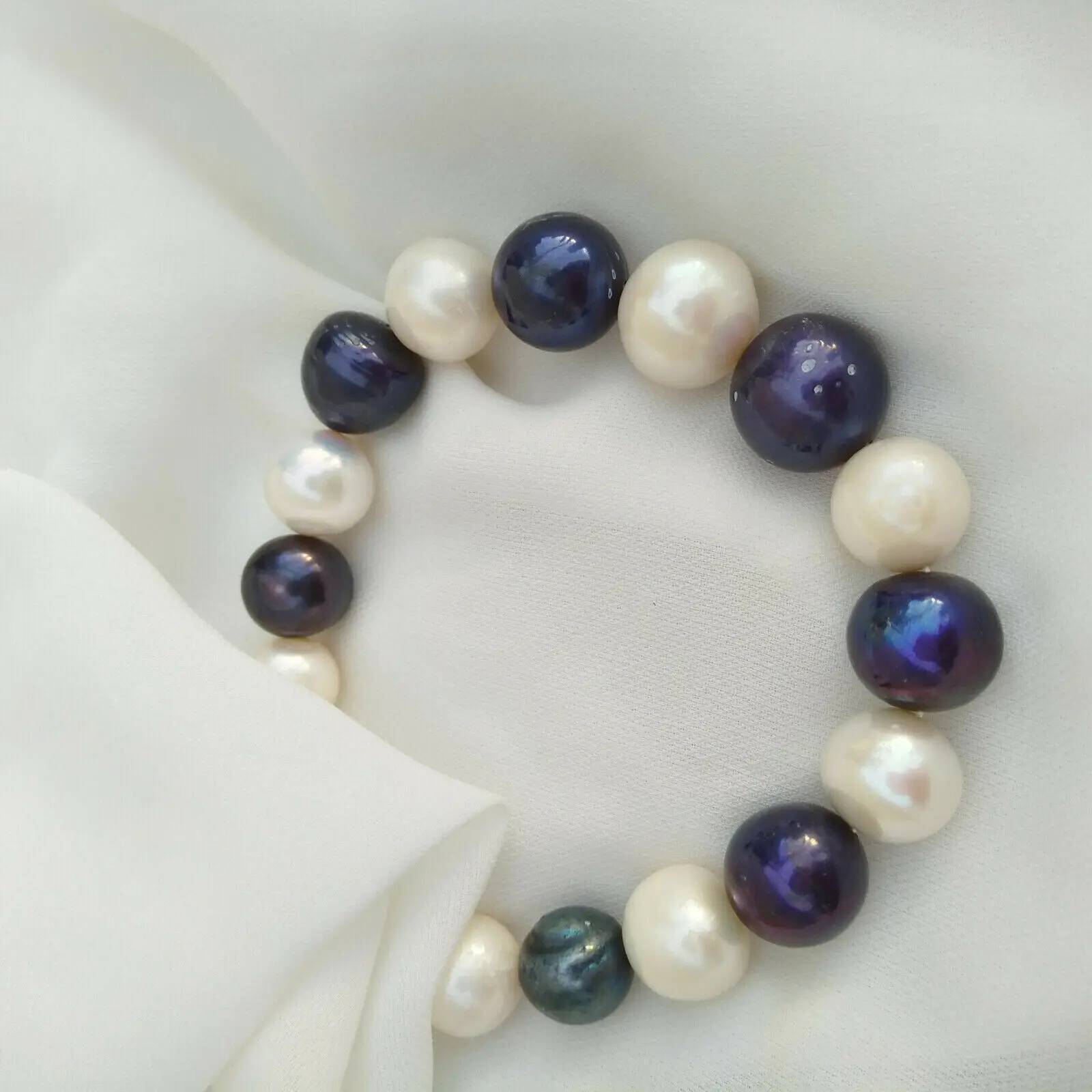 Huge White Black South Sea Multicolor Near Round Genuine Pearl Bracelet 7.5-8