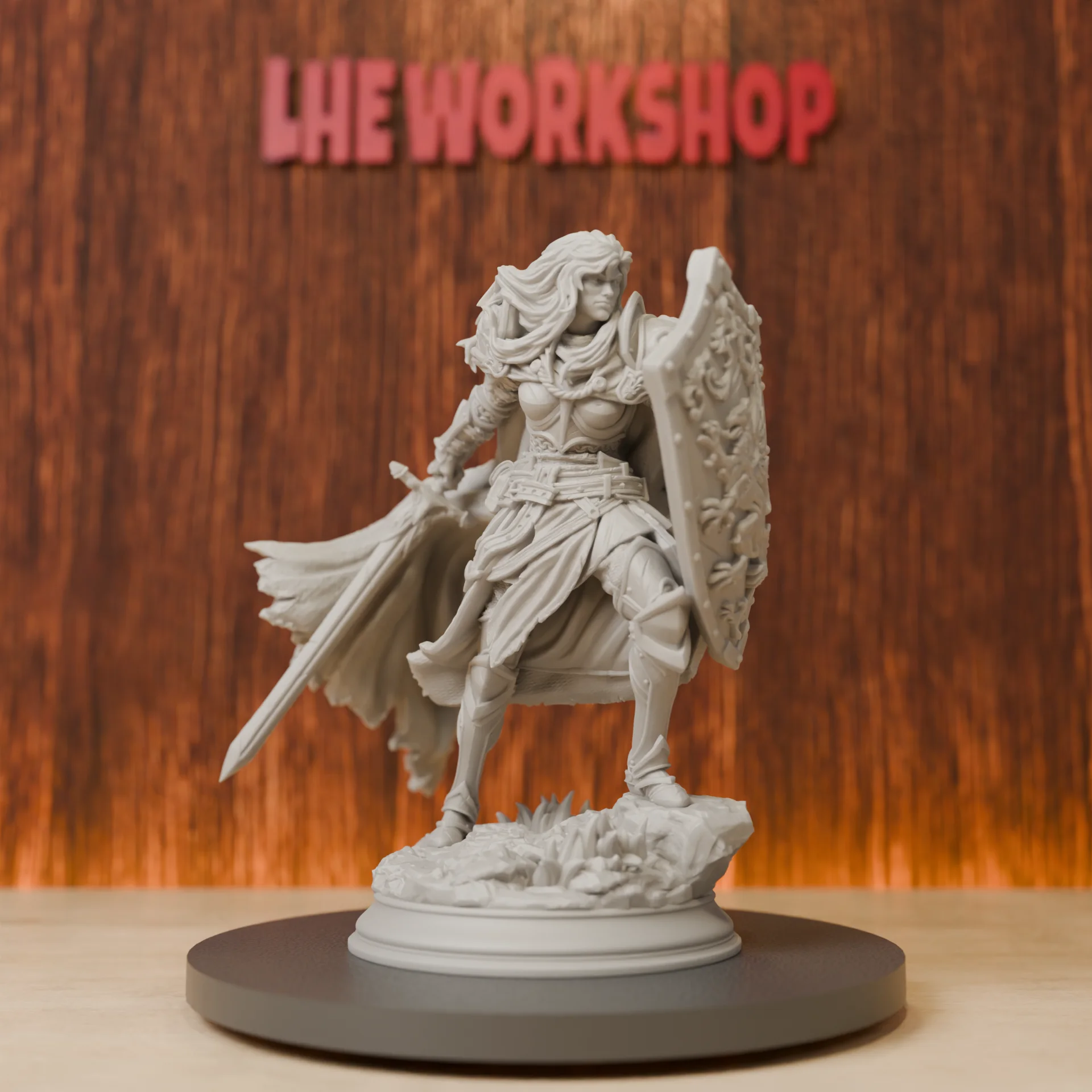 Weiblicher Paladin |   Schwert-Schild-Kämpfer Miniaturfigur |   28mm-75mm |   3D-Gedruckte DND Pathfinder Mini-Figur aus Harz |   Unlackiert Grau