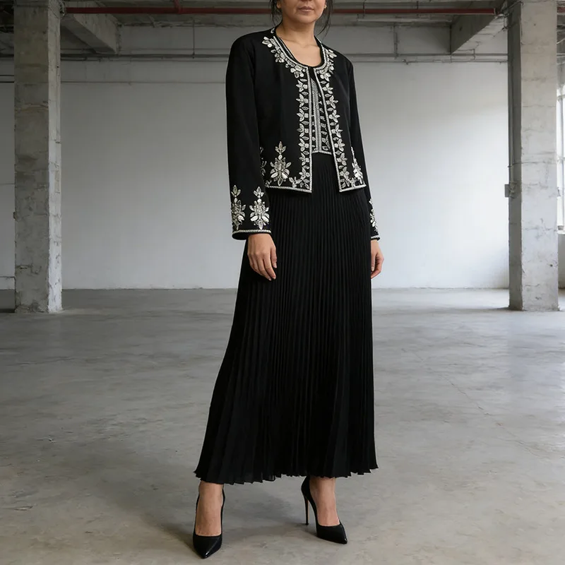 

Black Two-Piece Set - Silver Embroidered Jacket & Pleated Maxi Skirt, Formal Outfit