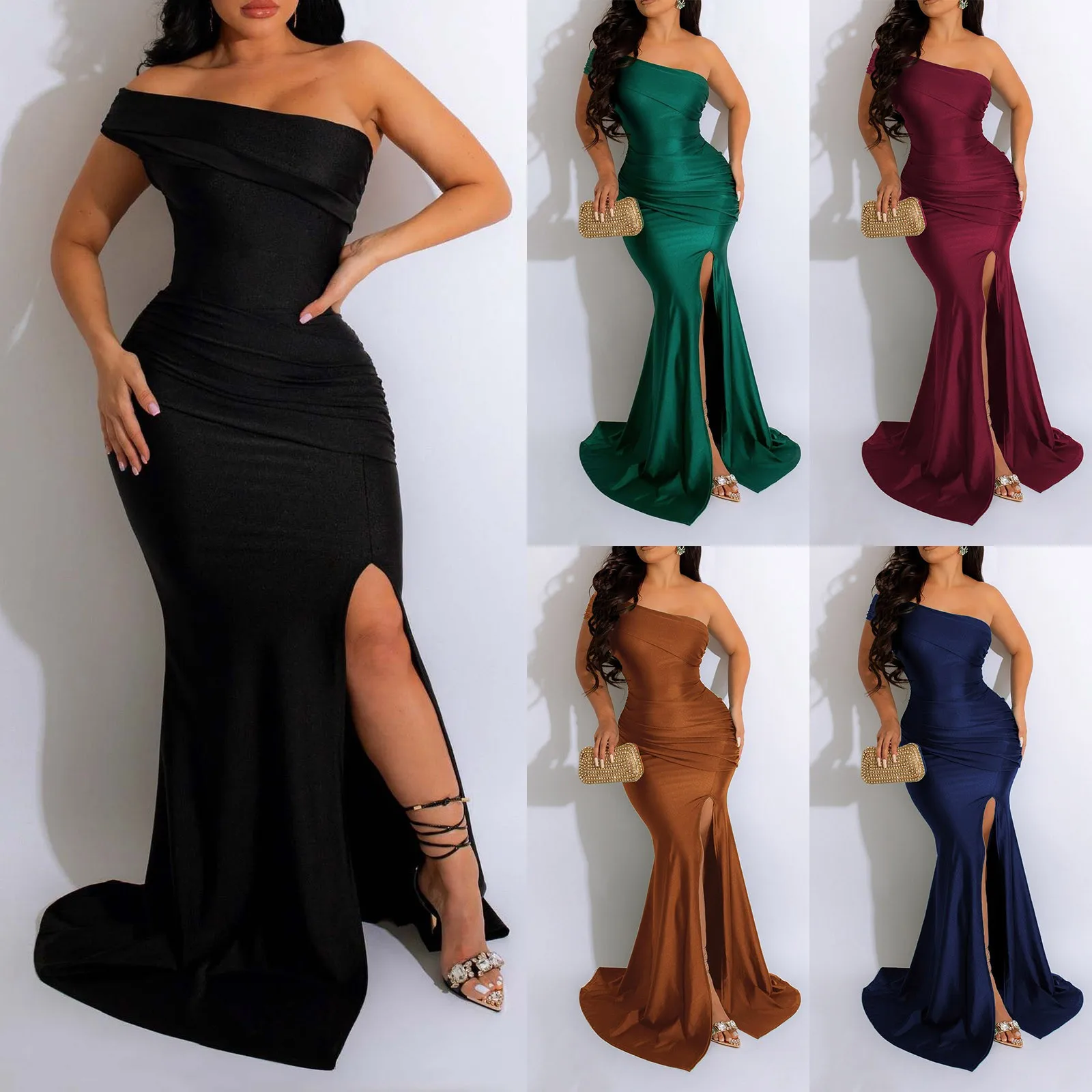 

Elegant One Shoulder Split Long Dresses for Women Evening Night Party Sleeveless Ruched Formal Prom Wedding Guest Dress