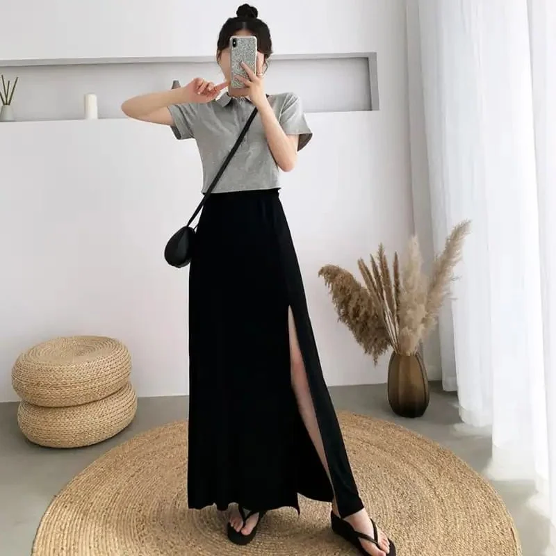 

plus Size Korean Sle High Waist A-Line Long Skirt Women's Spring Summer High Waist Split f-length Skirts Casual Wear