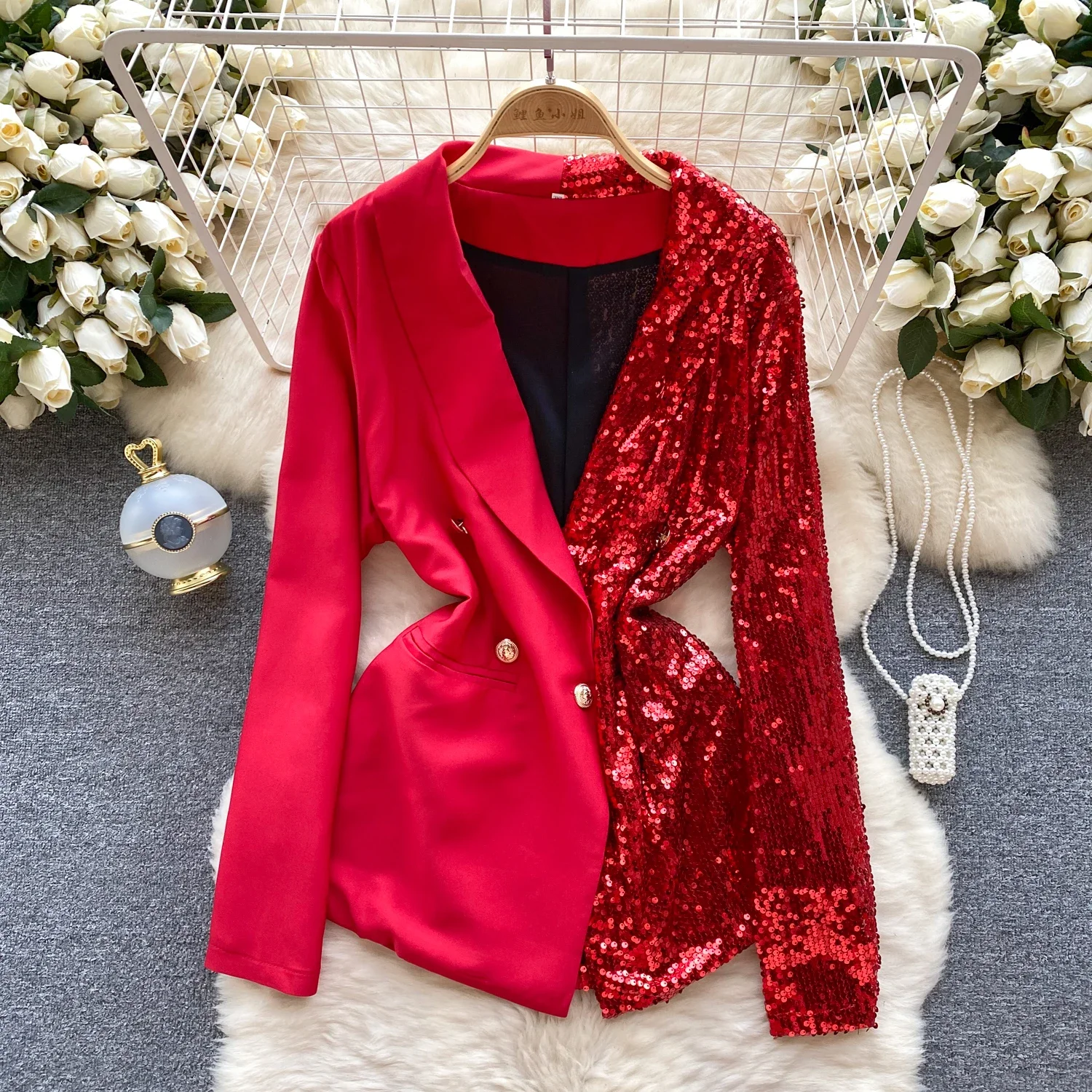 Graceful Suit Jacket Women's Sequined Color Contrast Patchwork Fashionable All-Match Female Long Sleeve V-neck Suit Tops