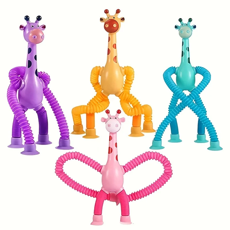 4 Pcs Giraffe Stretching Fun Toys, Suction Cup Various Shapes Stretching Tubes Stress Relief, Novelty Educational Children Toys