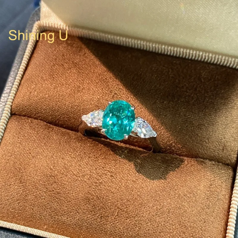 Shining U 92 5sterling Silver 7*9mm Oval Cultivated Paraiba Tourmaline Ring for Women Fine Jewelry Summer