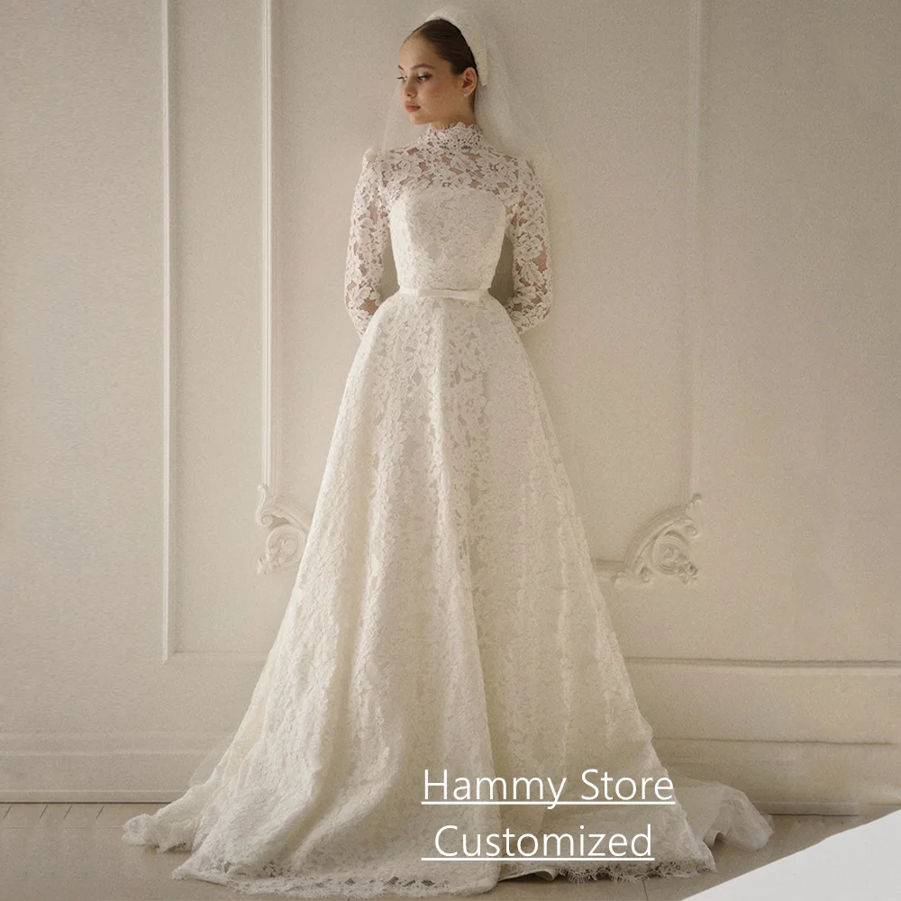 Skromna suknia ślubna szyta na miarę, z wysokim dekoltem, długimi rękawami, kokardą, paskiem, w kształcie litery A, z saudyjskiej koronki, suknia ślubna Vestido De Noiva