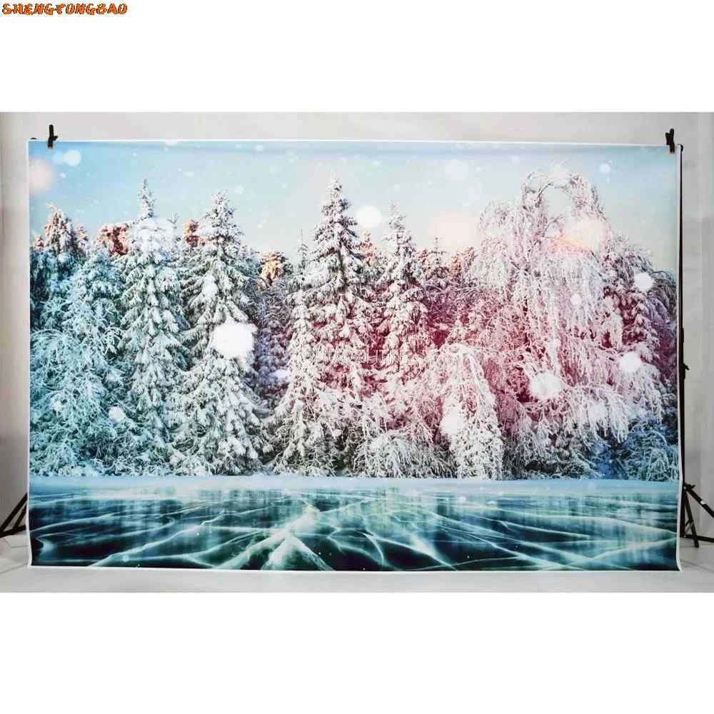 Winter Decoration Photography Backdrops Custom Snow Forest Skiing Field Trees Wooden Home Sleigh Studio Party Photo Backgrounds