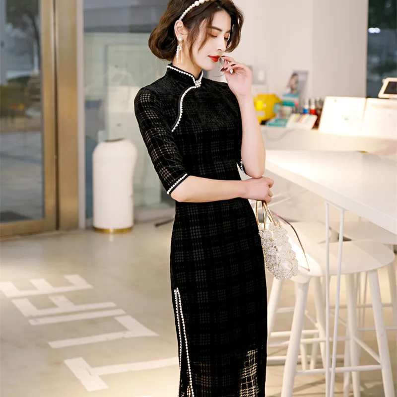 Black Vintage Cheongsam Women Handmade Button Beads Chinese Traditional Dress Half Sleeve Women Qipao M To 4XL