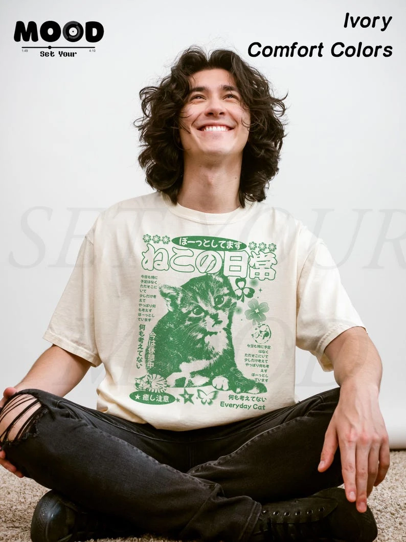 Japanese Y2K Kawaii Cat T-Shirt, Harajuku Kitten Y2K Vintage Tee, Retro Japanese 2000s Anime Streetwear, 90s Nostalgia Cute