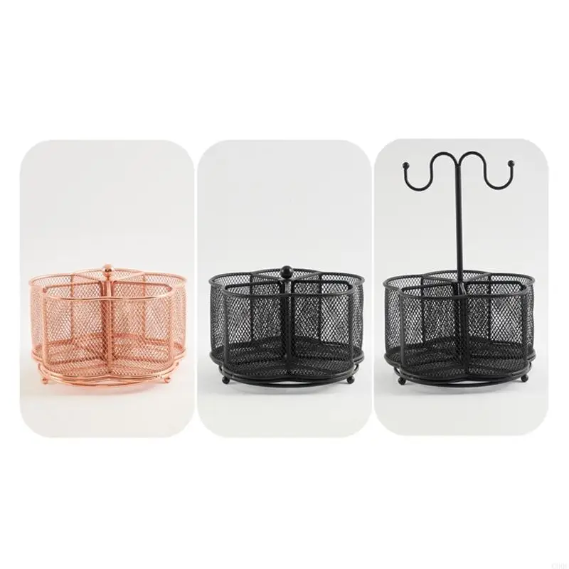 C90C Metal Mesh Desk Organiser Pen Holder with Keychain Hook and 5 Compartments, Multifunctional Office Desk Organiser