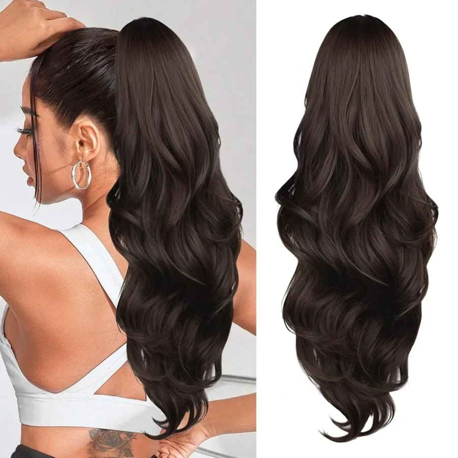 وصلة شعر طويلة مموجة برباط بطول 26 بوصة للنساء، قطعة شعر صناعية بمشبك على شكل ذيل حصان مع مظهر طبيعي مثالي لـ