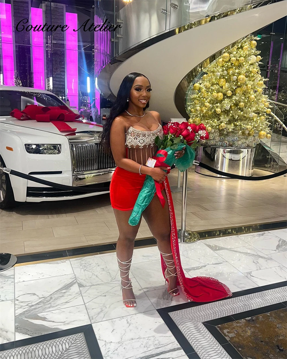 Red Velvet Valentine Bday Prom Dresses Gowns For Black Girls 2024 Birthday Luxury Party Dress With Beaded Train Mermaid Gala