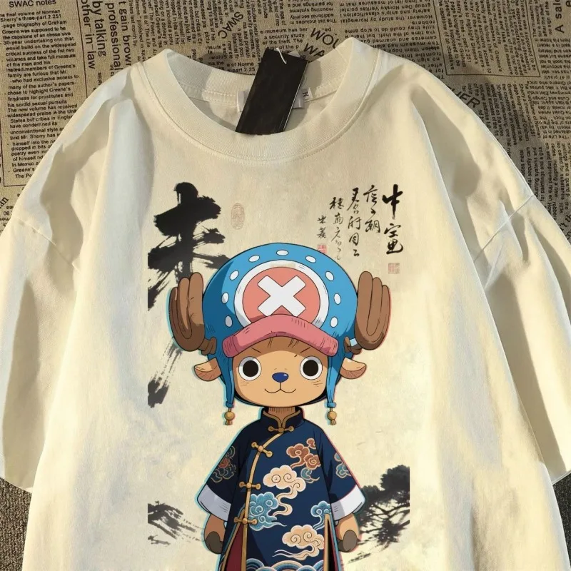 

Japanese heavyweight retro men's loose short-sleeved anime One Piece peripheral Chopper printed T-shirt half-sleeved top gift