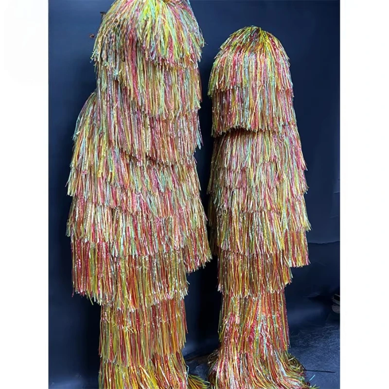 Funny Ribbon Jumpsuit Scarecrow Suit Fashion Show Bar Performance Stage Show Dance Tassel Costume Halloween Cosplay Dress