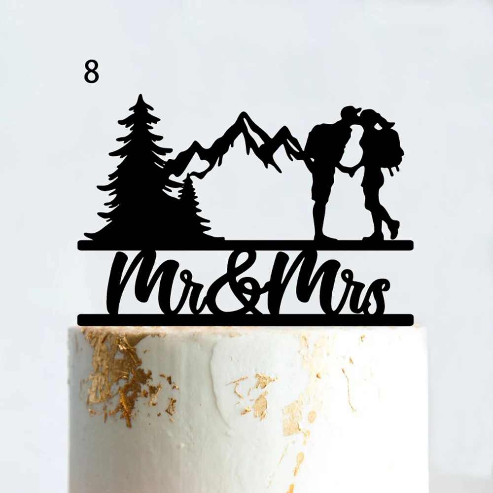 Mountain Outdoor Wedding Cake Topper Backpacking Camping Bride And Groom Hiking Travel Party Engagement Wood Acrylic Decoration