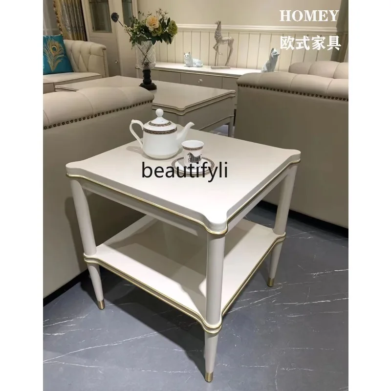 

French solid wood small coffee table, living room double-layer sofa corner cabinet, white light luxury edge table