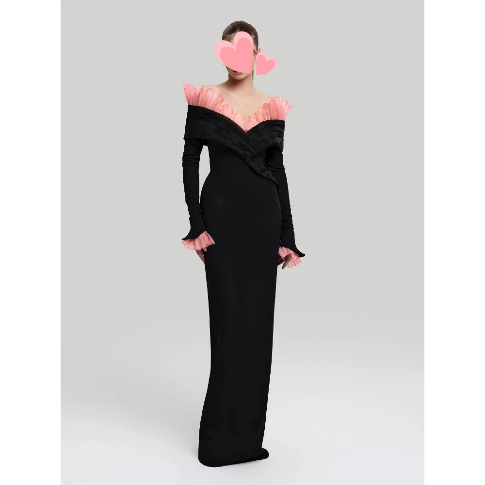 

Chic Off The Shoulder Evening Dress Customized Sexy V-Neck Long Sleeves Straight Black Party Dres Floor Length Prom Gown 2026