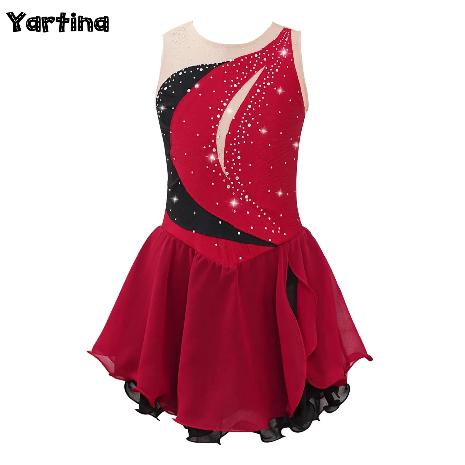 Kids Girls Shiny Rhinestone Figure Skating Dress Round Collar Hollow Back Ruffle Gymnastics Ballet Jersey Lyrical Dance Dress