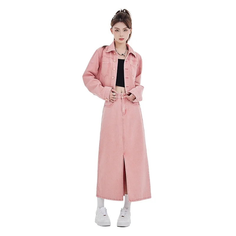 

Korean Version Pink Cowboy Set Two Piece Set 2026 Spring and Autumn New Fashion Art Retro Style Embroidery Outerwear Half Skirt