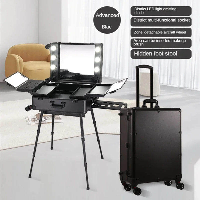 Valise à cosmétiques Trolley de grande capacité, bagage à roulettes professionnel, boîte à outils de maquillage, miroir lumineux LED, beauté des ongles, valise de tatouage