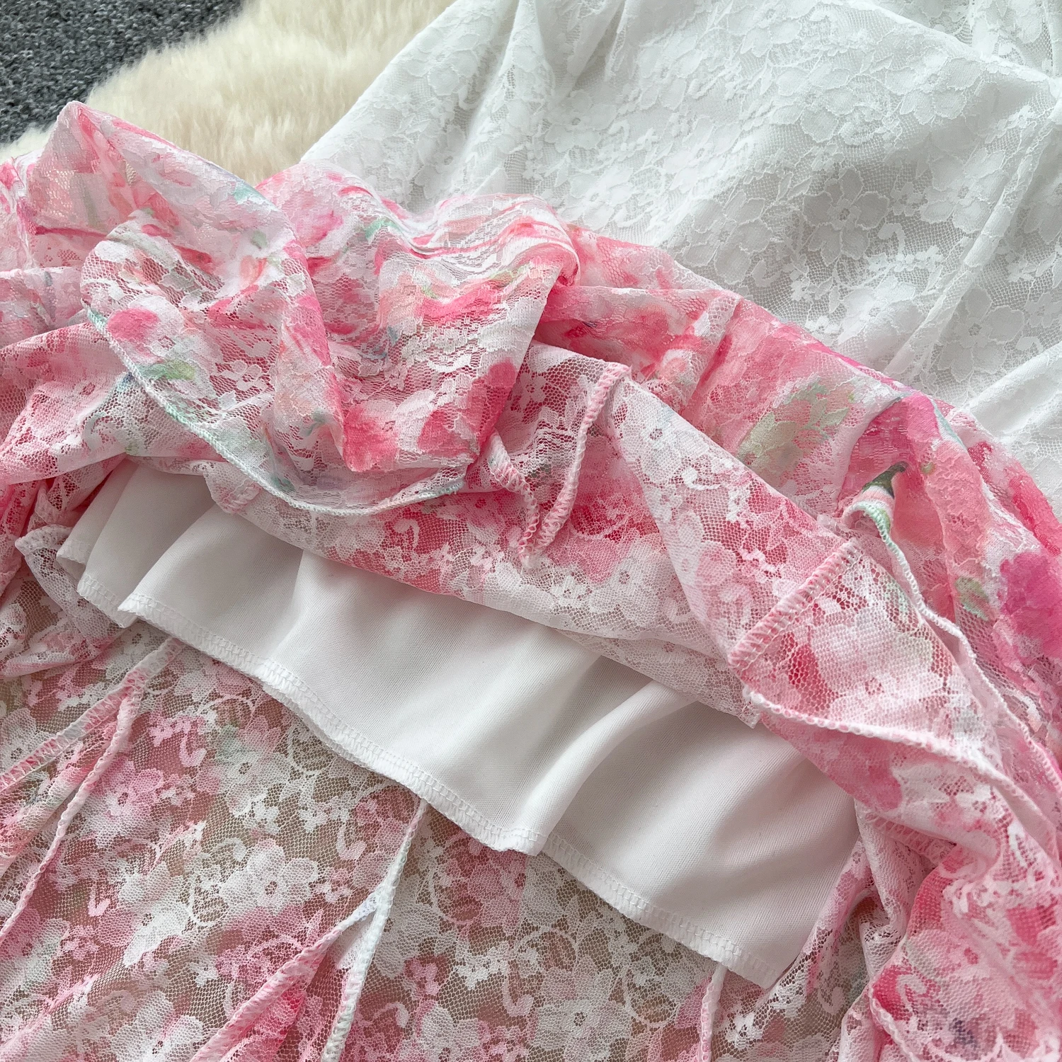 Chic Sexy Backless lace peint mesh Slip Dress Fairy Casual A-line Dress Vestido Summer Beach Vacation Women Boho Sundress