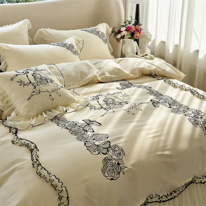 Vintage Rose Flower Butterfly Lace Ruffles Princess Bedding Set 100S Egyptian Cotton Quilt/Duvet Cover Set Bed Sheet Pillowcases