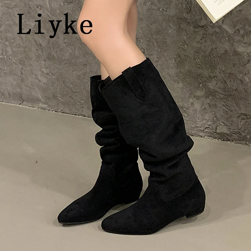 

Liyke 2026 New Fashion Round Toe Pleated Suede Knee High Boots Women Autumn Winter Casual Cozy Flat Heels Long Shoes Botas Mujer