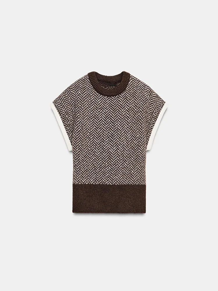 Gestricktes Weste-Sle-Top für Damen, rund, süßes Twill-Muster, Neuankömmling, lässig, lockere Passform, Strickwaren, Herbstsaison