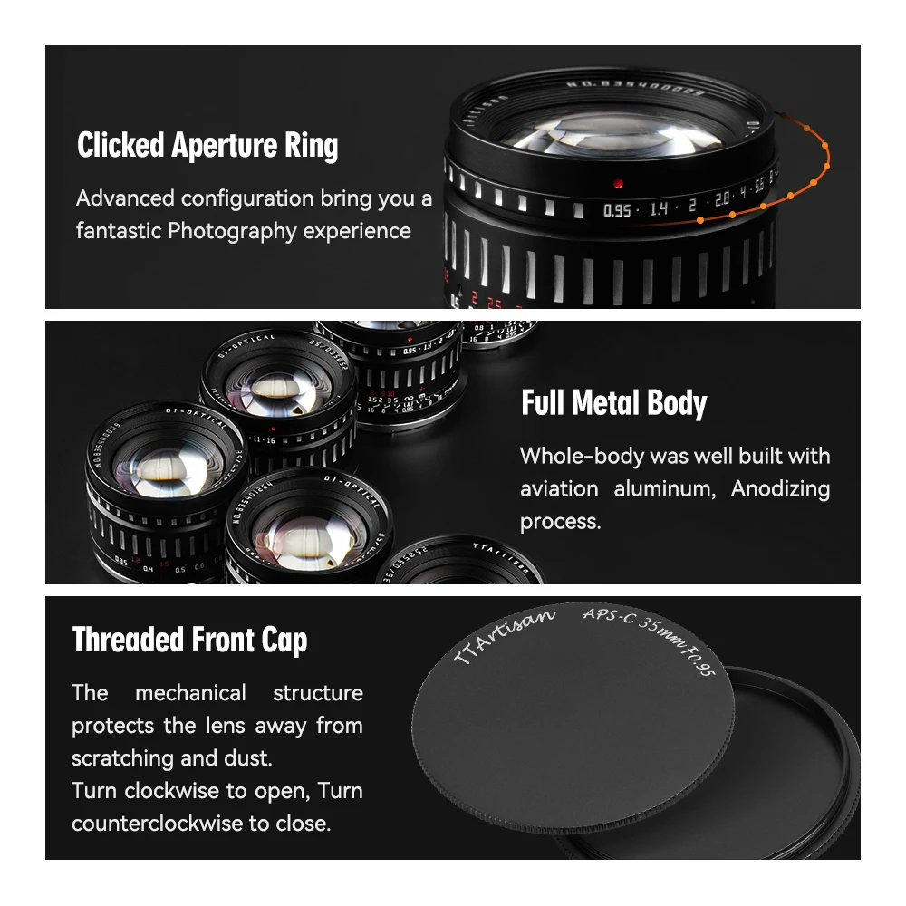 TTArtisan 35mm F0.95 Large Aperture Prime Lens for Sony E Mount Fujifilm X Canon M Canon RF-S Leica L Nikon Z Camera