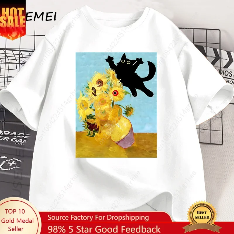 Vincent Van Gogh Cat T-shirt for Men Women Sunflowers Print Tshirt Funny Cute Cat Kitten T Shirt Cotton Short Sleeve Clothes — купить у AliExpress WW