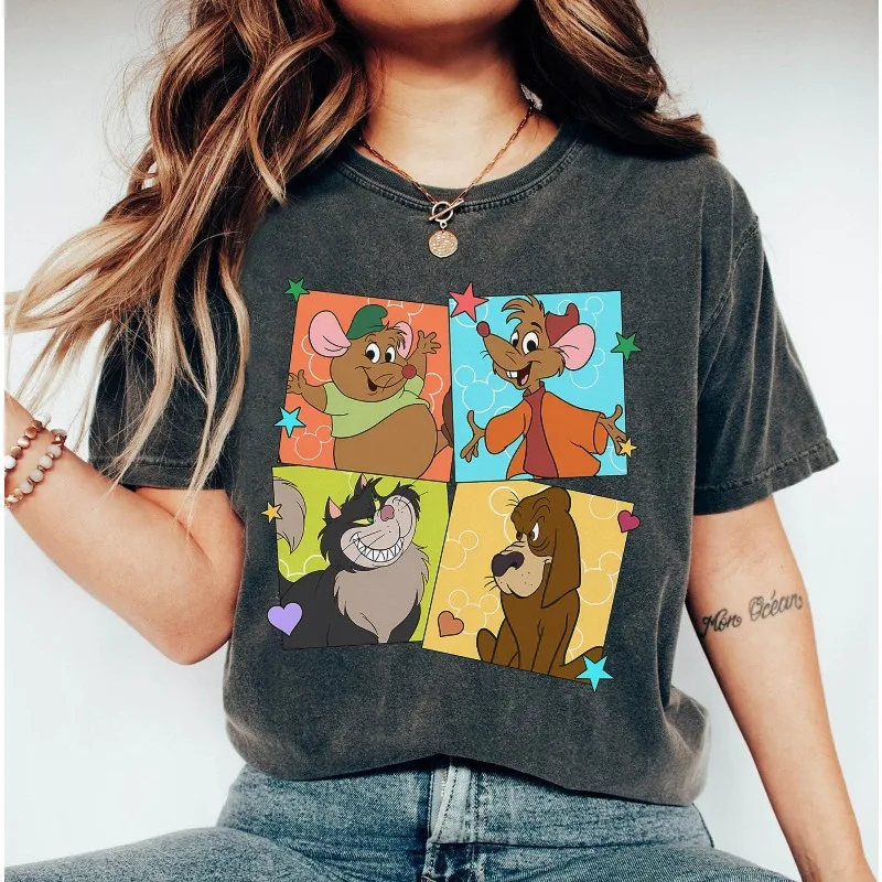 ديزني الأميرة سندريلا شخصية تي شيرت ، غوس ، جاق ، لوسيفر ، برونو المرأة تي شيرت جديد عادية موضة زوجين ملابس الشارع #1