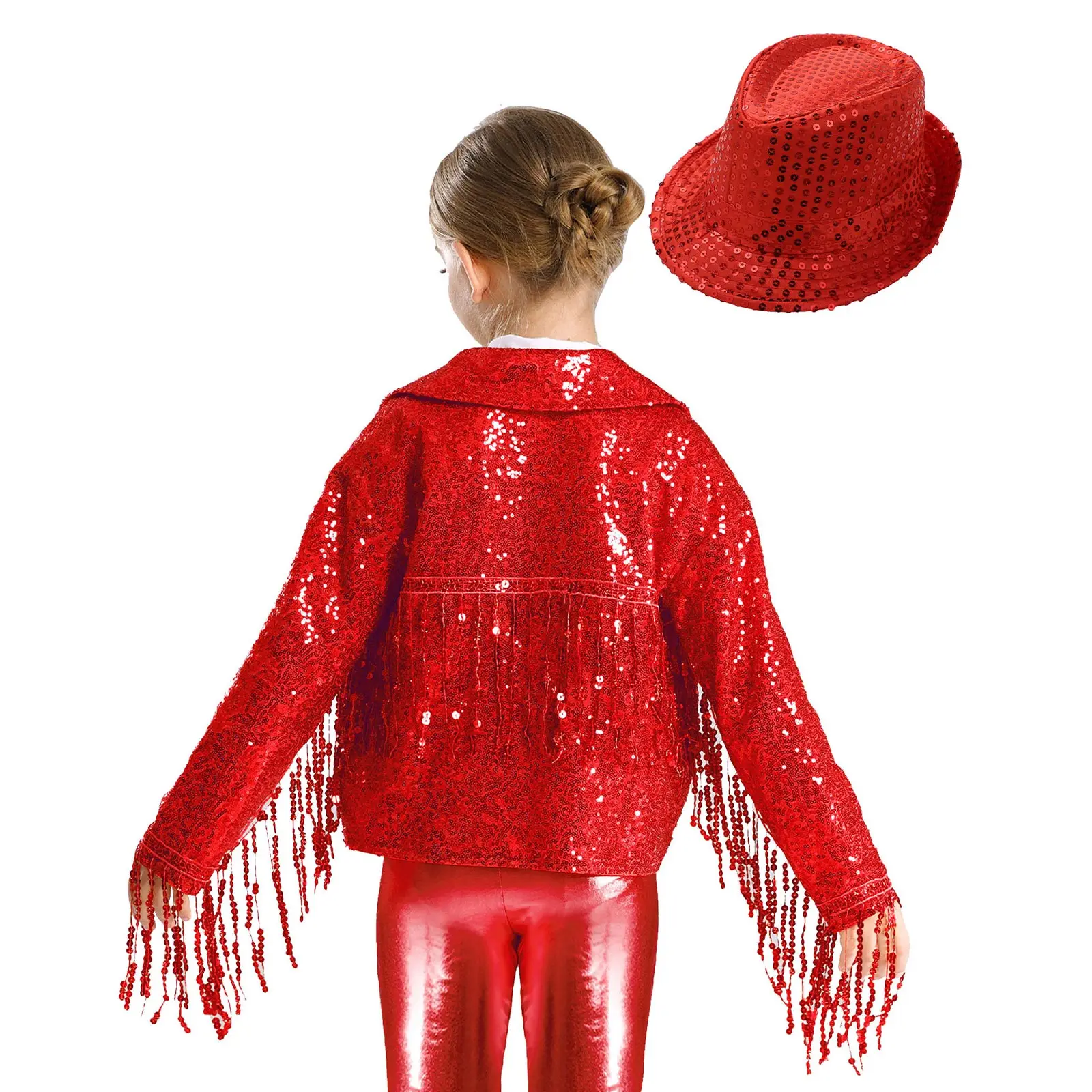 Kids Girl Magician Sequin Tassel Jacket Coat Outwear with Hat Jazz Dance Performance Costume Magic Show Streetwear Party Outfit