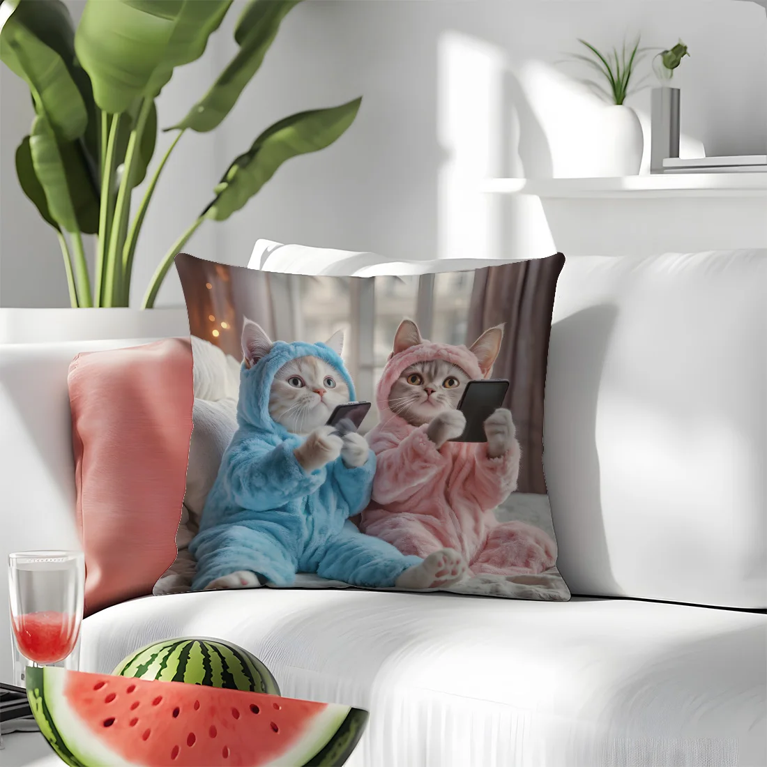 Cute Cat Printed Pillow Cover Two Cat Playing with Mobile Phone Pattern Warm Home Sofa Car Cushion Cover Decor Gifts