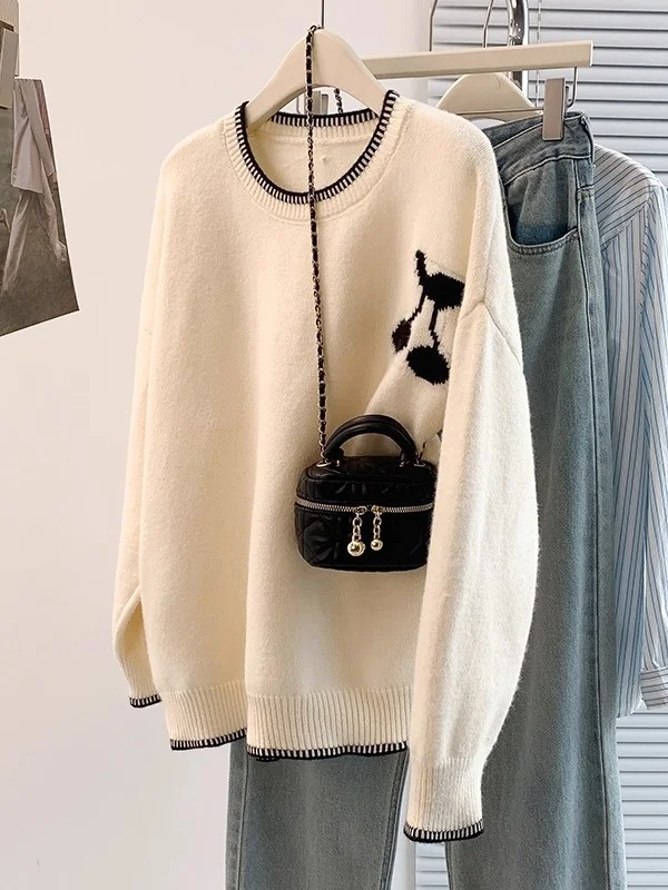 

Свободный вязаный свитер с вишневым узором для женщин, осенне-зимний, больших размеров, модный, молодежный, в корейском стиле