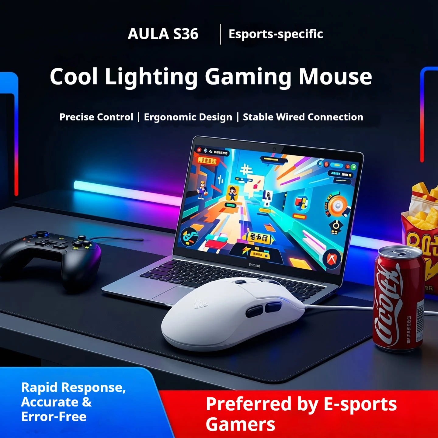 

AULA S36 Wired Gaming Mouse RGB Backlit Ergonomic Design Precise Responsive Control For PC Desktop Laptop Office Esports Gamers