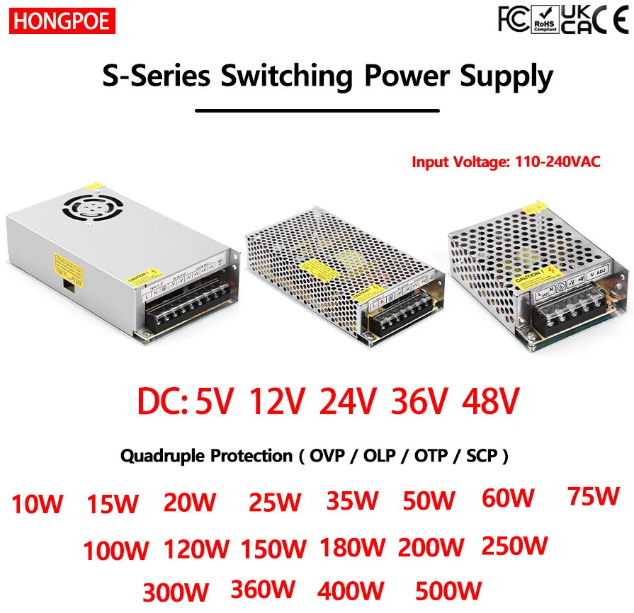 CE S Series 10W-500W SMPS Output 5V/12V/24V/36V/48V, Input 110-220VAC for LED Drivers/CCTV/3D Printers/Industrial Power Supplies
