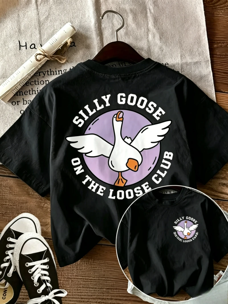 Double-Sided Goose Wing & Silly Goose Print T-Shirt - Short Sleeve Round Neck Tee Suitable for - Casual Wear Trendy Streetwear