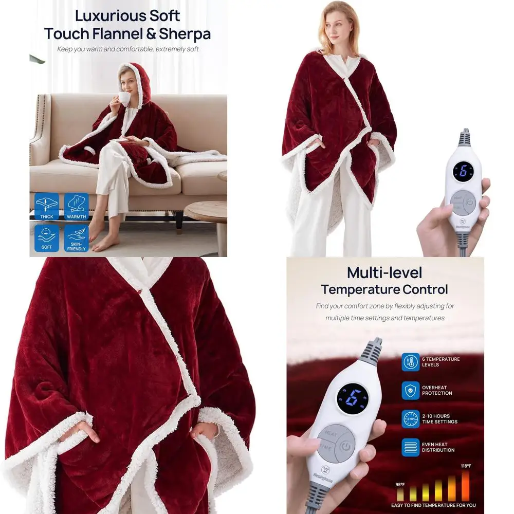 

Red Electric-Heated Shawl Blanket with 6 Levels & 2-10H Timer, 50x60