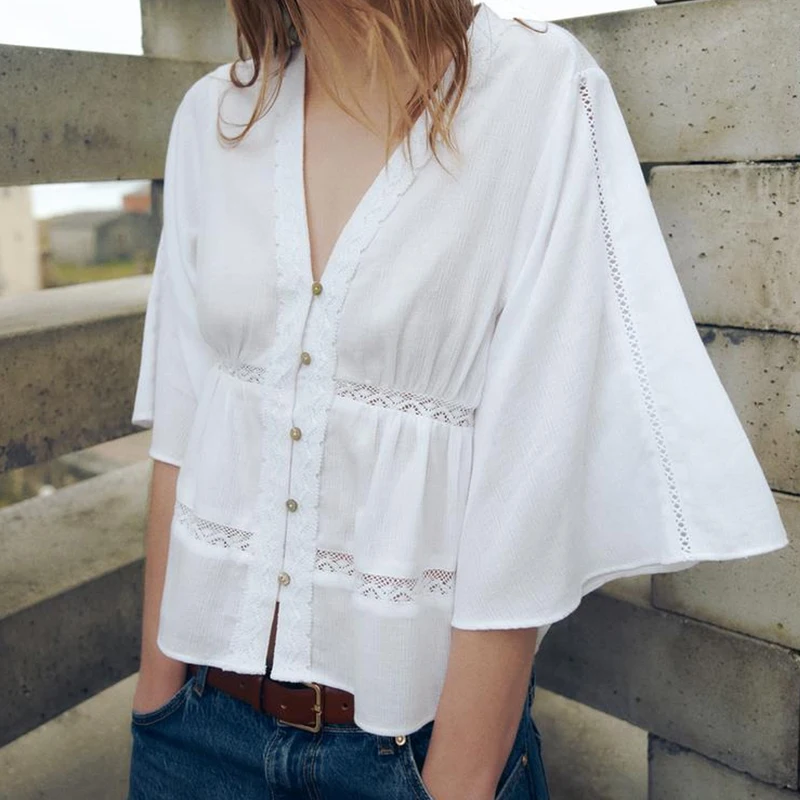 Ele Loose V-Ne irt Spring 2025 Vertical Ruffle Decorated Women's Faion irt Z Polyester Fiber 00% Pure Color