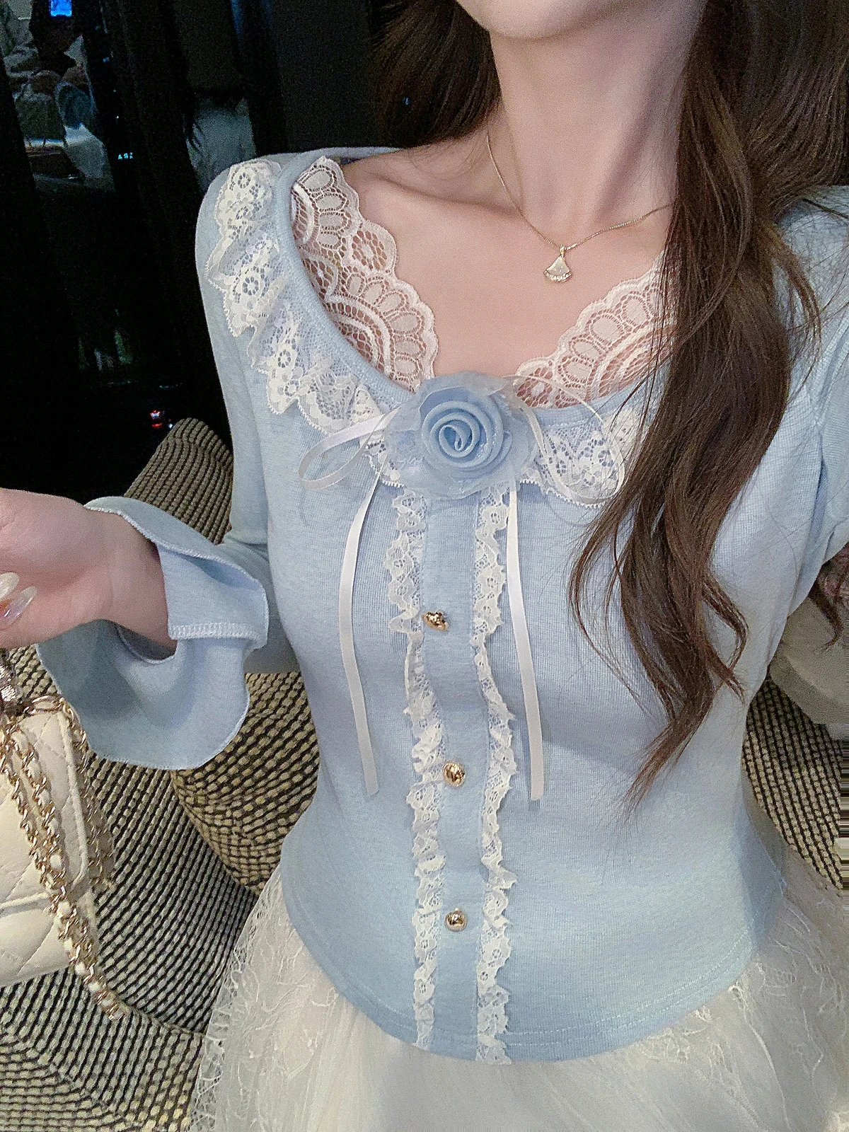 

Pure Desire Lace Knitted Sweater Women's Slim Fit Ele Sle Long Sve French Sle Spring New Arrival