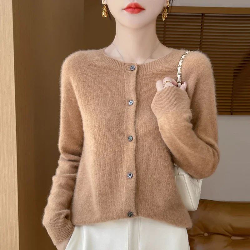 Women O-Neck Knitwear Tops Clothing Fashion Basic Tops 100% Merino Wool Long Sleeve Sweaters Cashmere Cardigan Spring Autumn