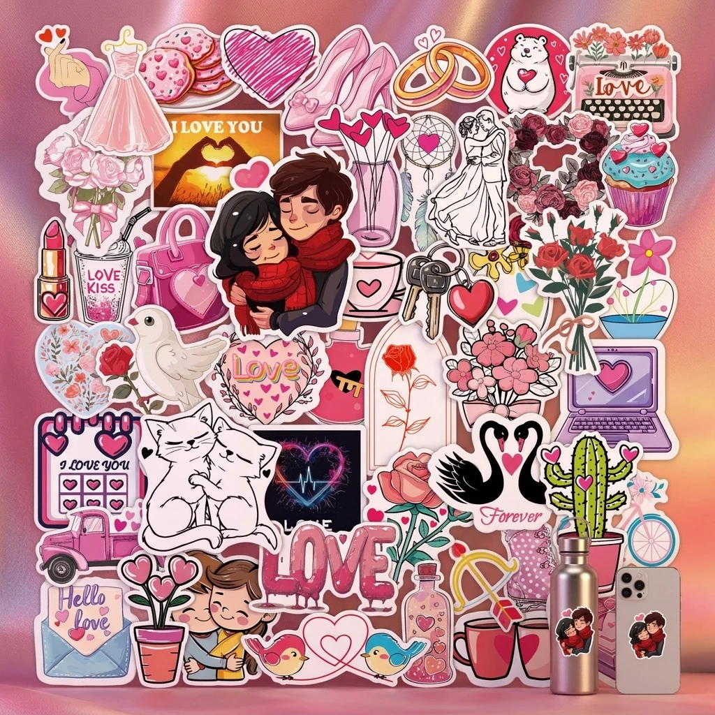 50Pcs Heart Stickers PVC Adhesive for Valentines Day, Weddings, Birthday Parties, Waterproof and Durable for Car Decoration