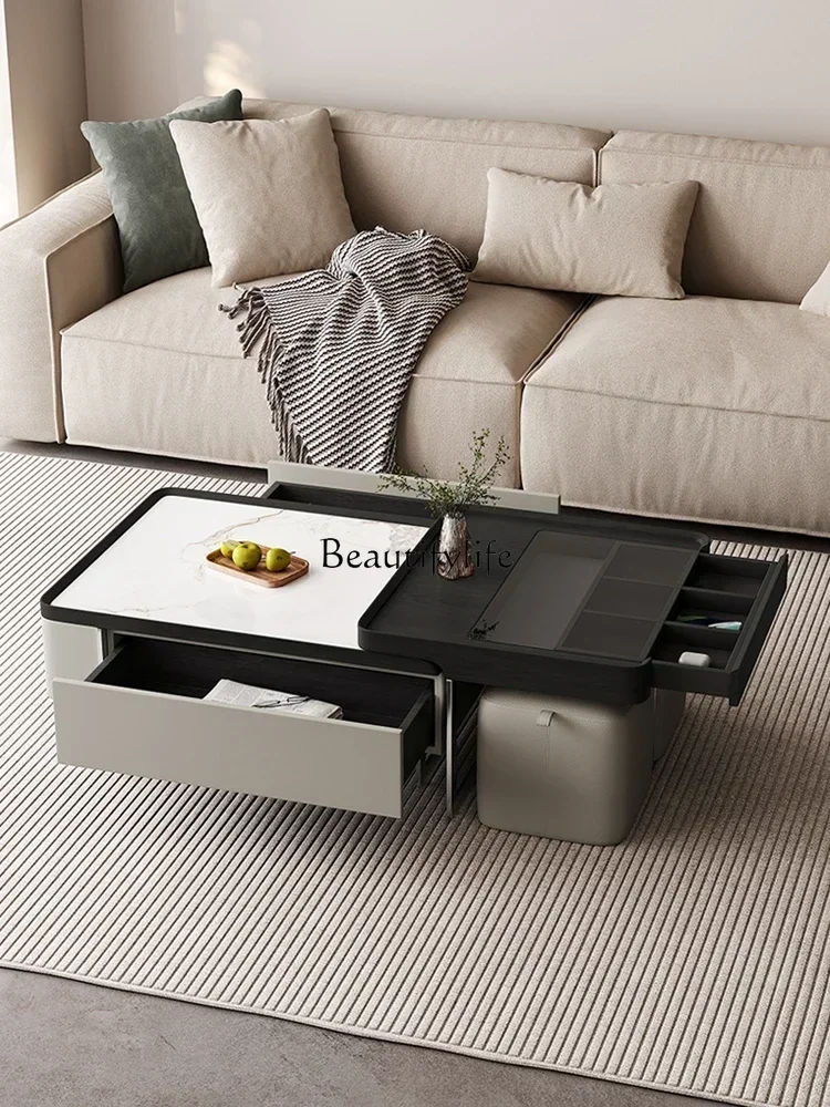 Square rock slab coffee table Modern light luxury retractable glass tea table Italian minimalist