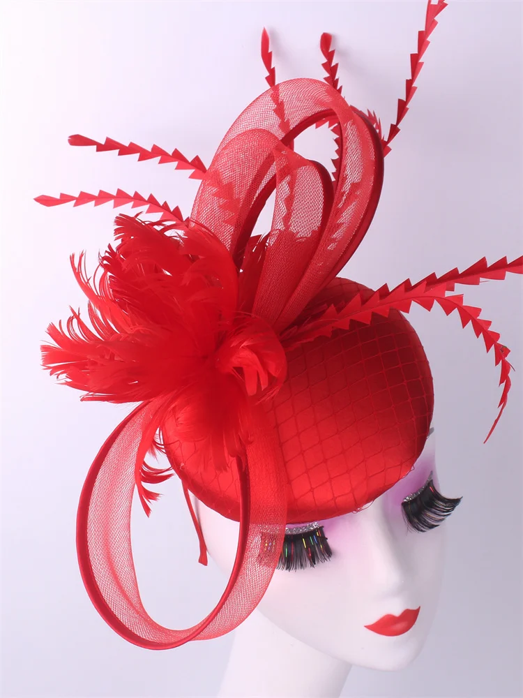 السيدات الملكي أسكوت فاتحة قبعة الزفاف ريشة قبعة أغطية الرأس النساء الكنيسة حفلة علبة حبوب منع الحمل مع رباطات العروس حفلة قطع زينة #5