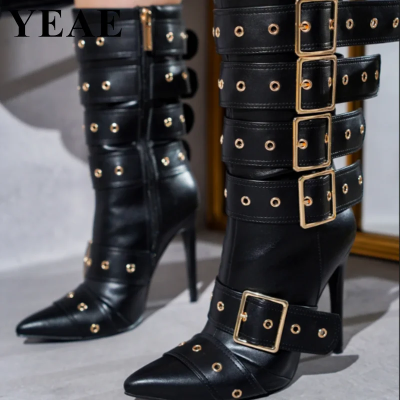 

Women Black Buckle Strap Mid Calf Boots Punk Pointed Toe Motorcycle Boots Thin High Heel Stiletto Short Boots Ladies Party Shoes